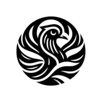 Stylized black and white bird emblem within a circle, featuring intricate lines, depicting the curves of wings and the elegant posture of the bird. vector