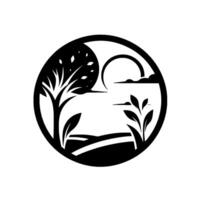 A minimalist black and white circular of a stylized landscape featuring a tree, a moon, clouds, and foliage on a field. vector