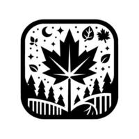 A Canadian Landscape Emblem Depicting A Black and White Silhouette with a Large Maple Leaf, Forest, Crescent Moon, Stars, and Leaves, Encased in Rounded Square. vector