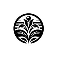 Black and White Botanical Crest Circular emblem with stylized leaves, a central bud, and horizontal lines for a modern . vector