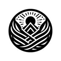 A stylized, circular black and white illustration featuring a mountain peak, a sun, and stylized winglike elements, evoking a sense of serenity and natures power. vector