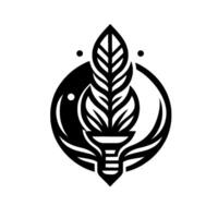 Intricate Black and White A Stylized Leaf Crested Above an Abstract Torch Within a Circular Emblem vector