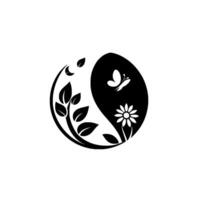 A minimalist YinYang featuring a stylized butterfly, flower, and foliage elements, symbolizing harmony and balance within nature. vector