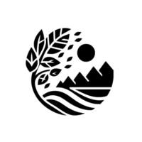Stylized black and white circular Tree, mountains, sun, and water elements form a harmonious nature scene. vector