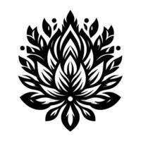 Symmetric Black and White Floral Illustration Intricate LotusLike with Leafy Petals and Decorative Elements, set against a Clean Background. vector