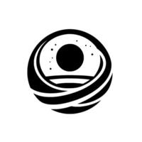 A minimalist, geometric black and white depicting a celestial body surrounded by flowing, wavelike lines and celestial bodies on a white background. vector