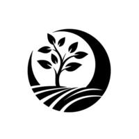 Minimalist Black and White Featuring a Tree Symbol within a Crescent Moon and Rolling Hills, Emphasizing Growth. vector