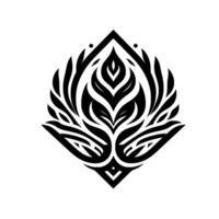 Symmetrical Black Floral Emblem on White A stylized with intricate leaf and petal patterns arranged within a diamondlike geometric frame. vector