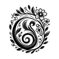 Elegant black and white floral with swirling central element, flowers, leaves, and berries arranged in an ovalshaped, ornate composition on a plain white background. vector