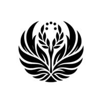 A symmetrical, stylized emblem of intertwined leaves and curved elements, accented with dots, rendered in stark black and white, suggesting growth and elegance. vector
