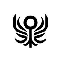 A symmetrical black and white featuring an abstract resembling wings and a central stem with a circular top, set against a pristine white backdrop. vector