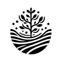 Abstract monochrome illustration of a stylized tree with leaves and dots within a curved landscape, evoking nature and growth. vector