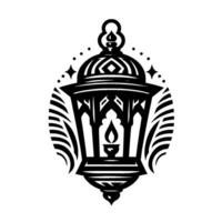 Intricate Monochrome Illustration of an Ornamental Lantern, Featuring Detailed Architectural Elements, a Lit Flame, and Geometric Accents, Enclosed in a Circular Frame. vector