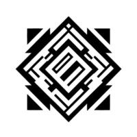 Geometric Black and White Abstract , featuring a symmetrical, mazelike pattern inside a diamond shape, set on a bright white background. vector