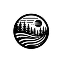 Black and white circular silhouette featuring a serene landscape with pine trees, wavy lines, and a striped sun in a minimalist style. vector