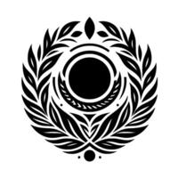Intricate Monochrome Circular Emblem A stylized black with a central dark circle surrounded by a laurel wreath, leaves and stylized details, on a clean white background. vector