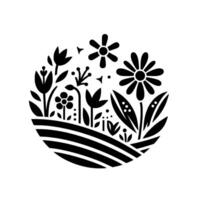 Monochromatic floral scene in a circle with black stylized flowers, leaves, and grassy hills, creating a decorative element. vector
