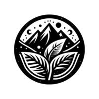 Symbolic Black and White Circular Composition Mountains, Leaves, Celestial Elements in a NatureInspired , Evoking Serenity and Balance. vector