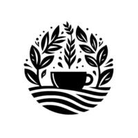 Stylized Black and White Illustration of a Tea Cup Surrounded by Growing Foliage, Dots and Lines. vector