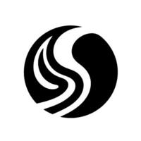 Abstract, black and white circular featuring flowing, curved, and layered Sshaped elements, minimalist aesthetic. vector
