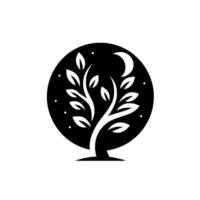 Stylized black and white of a tree with leaves, crescent moon and stars, set within a circle against a white backdrop. vector
