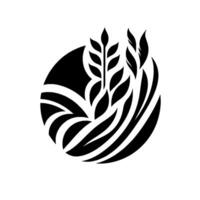 Abstract monochrome emblem of stylized wheat and leaves, arranged within a circular shape. vector