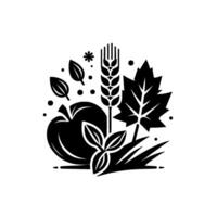 Minimalist Black White Illustration of Harvest Elements Apple, Wheat, Leaf, and Floral Composition. vector