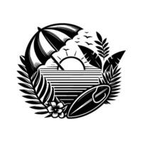 Monochromatic, stylized beach scene in a circle composition, featuring umbrella, sun, surfboard, birds, and tropical foliage. vector