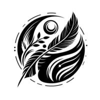 Stylized Black and White Composition Featuring Feathers, Leafy Sprig, and Celestial Circle Elements. vector