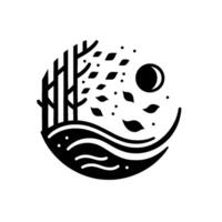 Black White Nature Illustration A circular minimalist depiction of trees, a river, falling leaves, and a crescent moon. vector
