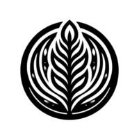 A stylized black and white , featuring a central leaflike pattern encompassed by an abstract round frame. vector