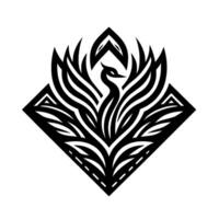 Intricate black and white phoenix illustration within a diamond frame, featuring stylized feathers and a graceful bird silhouette, evoking a sense of elegance and rebirth. vector