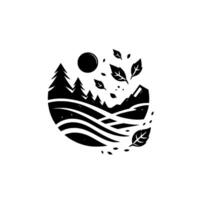 A stylized black and white circular illustration featuring a landscape with trees, mountain, a sun, leaves and water, depicting nature. vector