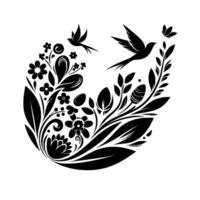 A stylized black and white floral featuring two birds in flight, interwoven with leaves, flowers, and abstract elements forming a decorative, circular arrangement. vector