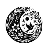 Yin Yang Floral with a Flying Bird and Symbolic Nature Elements in Black and White. vector