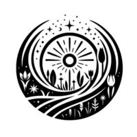 A stylized black and white circular emblem, depicting a sunburst, florals, and celestial elements like stars and a crescent moon, set within a layered . vector