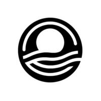 A minimalistic black and white featuring a circular element with a sunlike shape and flowing wave pattern representing ocean. vector