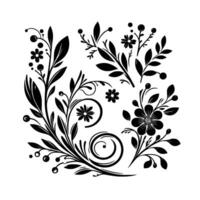 Black and white floral motif, stylized arrangement with flowers, leaves, and berries, creating elegant elements on white background. vector