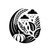 Black and White Harvest A Stylized Illustration Featuring a Pumpkin, Wheat, Rain, and Foliage Within a Circular Frame. vector