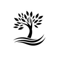 Stylized Black and White Featuring a Tree with Leaves, Rooted in Flowing Lines, Isolated on a White Background. vector