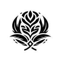 Symmetrical Black and White Floral Embellished with Leaves, Feathers, and a Diamond Pattern in the Middle, on a Bright White Background. vector
