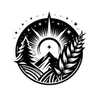 Black and white circular emblem featuring mountain range, sunburst, stars, pine tree, and foliage, evoking nature and adventure. vector