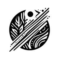 Abstract black and white , geometric forms within a circle, featuring leaf patterns, stripes, and dots, creating a modern minimalist aesthetic. vector