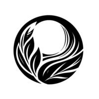 A minimalist black and white emblem featuring stylized leaves and flowing lines within a circular frame, evoking nature and harmony. vector