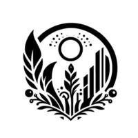 Intricate Black and White Circular Emblem A stylized landscape featuring plants, a central sun or moon, and architectural elements within a minimalist . vector