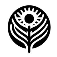 A stylized, black and white emblem depicting a central sun radiating above a symmetrical plantlike structure, all contained within a circular frame. vector