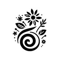 Elegant Monochrome Floral Swirl Stylized Black and White Botanical Composition Featuring a Daisy, Leaves, and Decorative Elements on White Backdrop. vector
