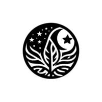 Celestial Harmony A Black and White Circle Depicting a Night Scene with a Leaf, Stars, Crescent, and a Star within a Star. vector
