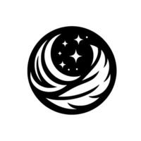 A minimalist black and white circular featuring stylized feathers and stars, evoking concepts of dreams and night. vector