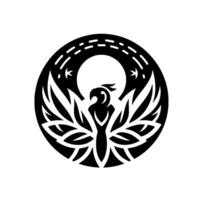 A stylized, black and white circular emblem featuring a majestic phoenix with open wings, set against a celestial backdrop of stars and the sun. vector